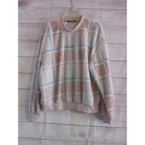 Knapp Studio Furry Sweatshirt Size Medium Plaid Pink Grey White Lightweight Top